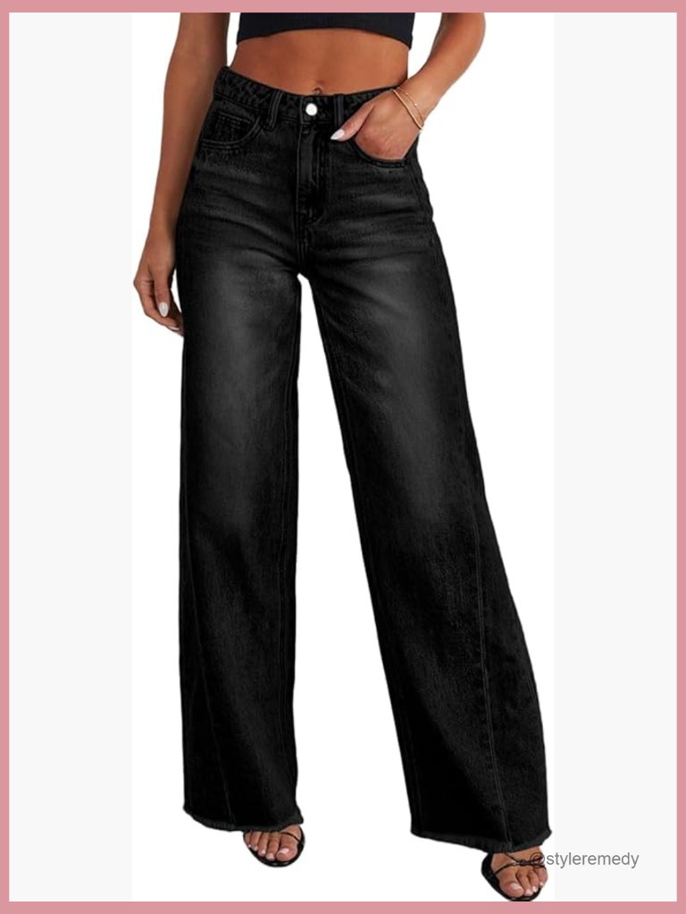 High Waisted Wide Leg Jeans Raw Hem Stretchy Denim Pants
